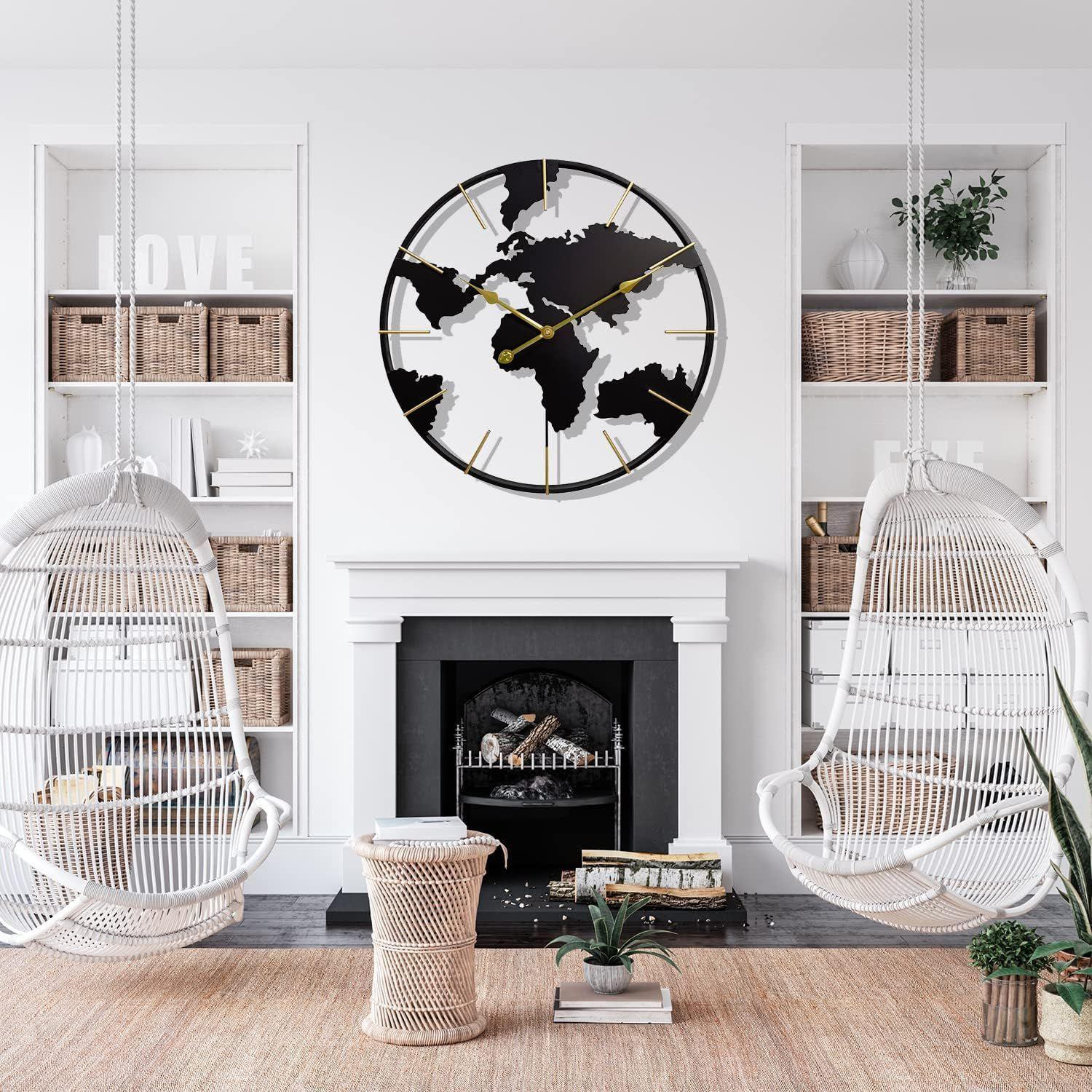 Reloj de Pared Mapa del Mundo 60 cm Metal Negro y Dorado-2