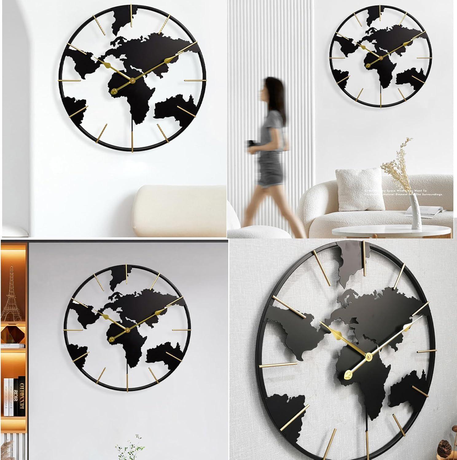 Reloj de Pared Mapa del Mundo 60 cm Metal Negro y Dorado-3
