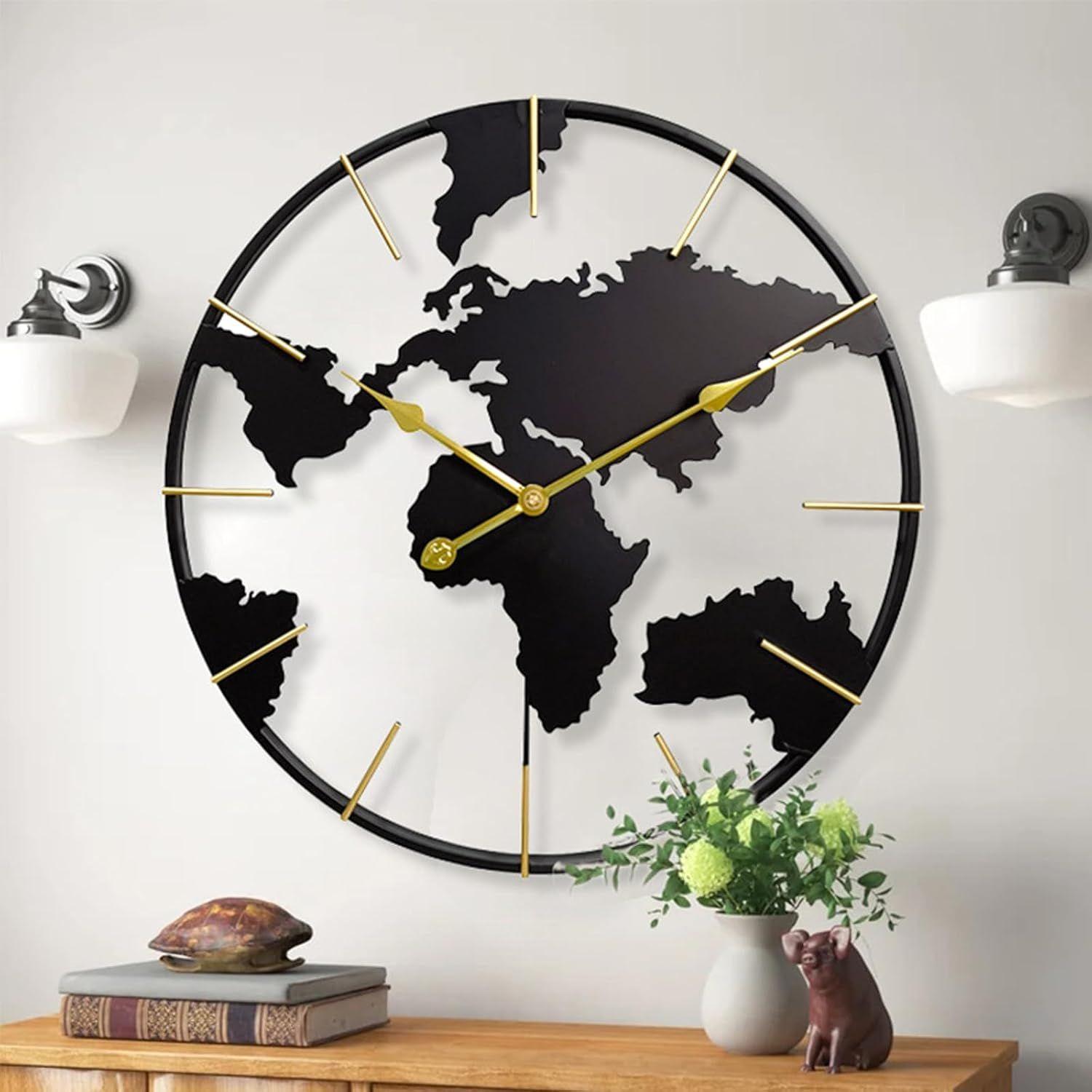 Reloj de Pared Mapa del Mundo 60 cm Metal Negro y Dorado-5