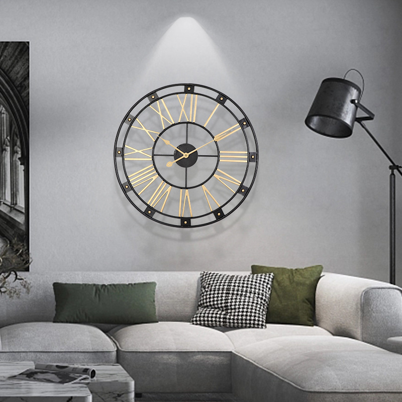 Reloj Mural Retro de Cuarzo Metálico Dorado y Negro 60 cm-2