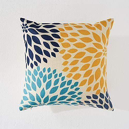 Pack 3 Fundas de Cojín Pétalos Azul Mostaza 45x45 cm Lino Algodón-1