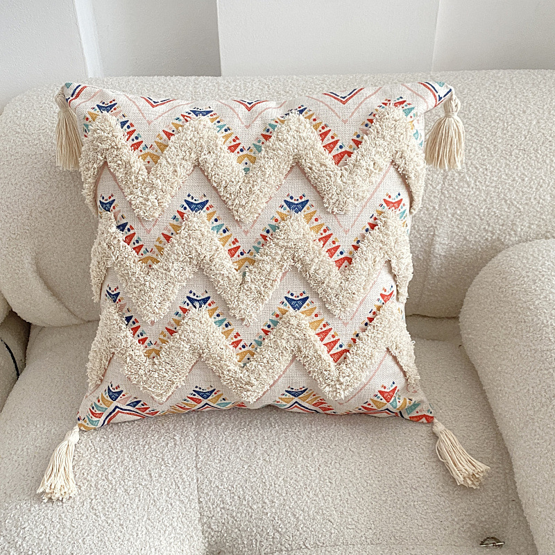 Funda Para Cojín Boho Lino Flecos Bordado Zig Zag 45×45 Cm-2