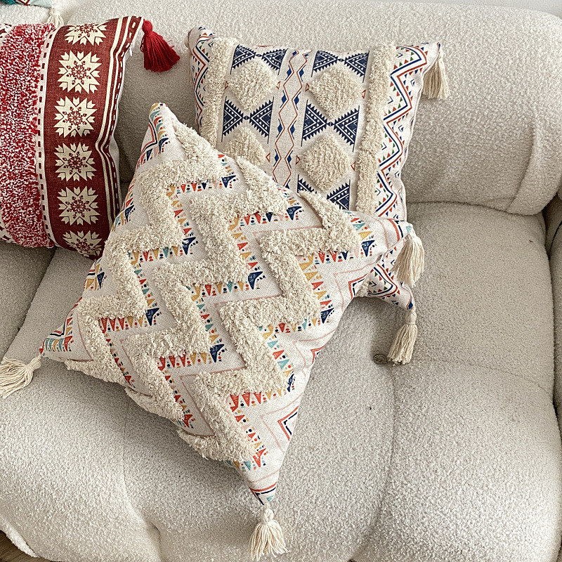 Funda Para Cojín Boho Lino Flecos Bordado Zig Zag 45×45 Cm-3