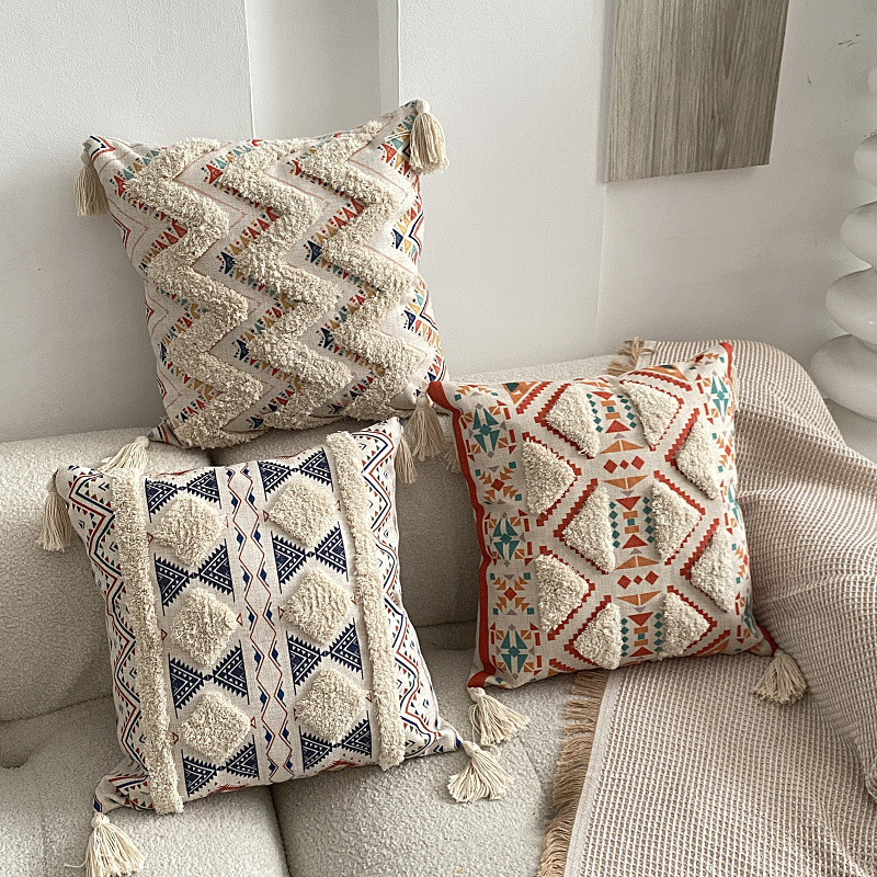 Funda Para Cojín Boho Lino Flecos Bordado Zig Zag 45×45 Cm-4