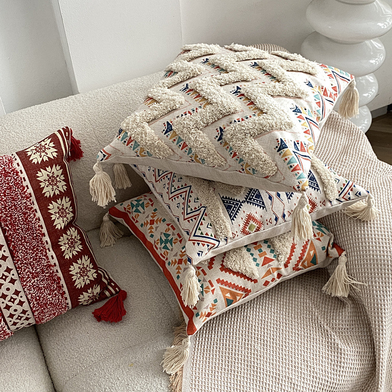 Funda Para Cojín Boho Lino Flecos Bordado Zig Zag 45×45 Cm-5
