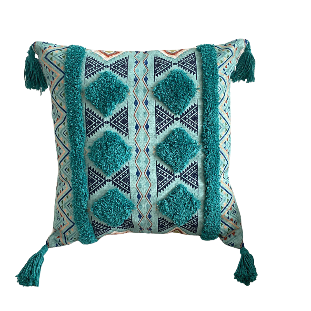 Funda Para Cojín Boho Lino Flecos Bordado Verde 45×45 Cm-0