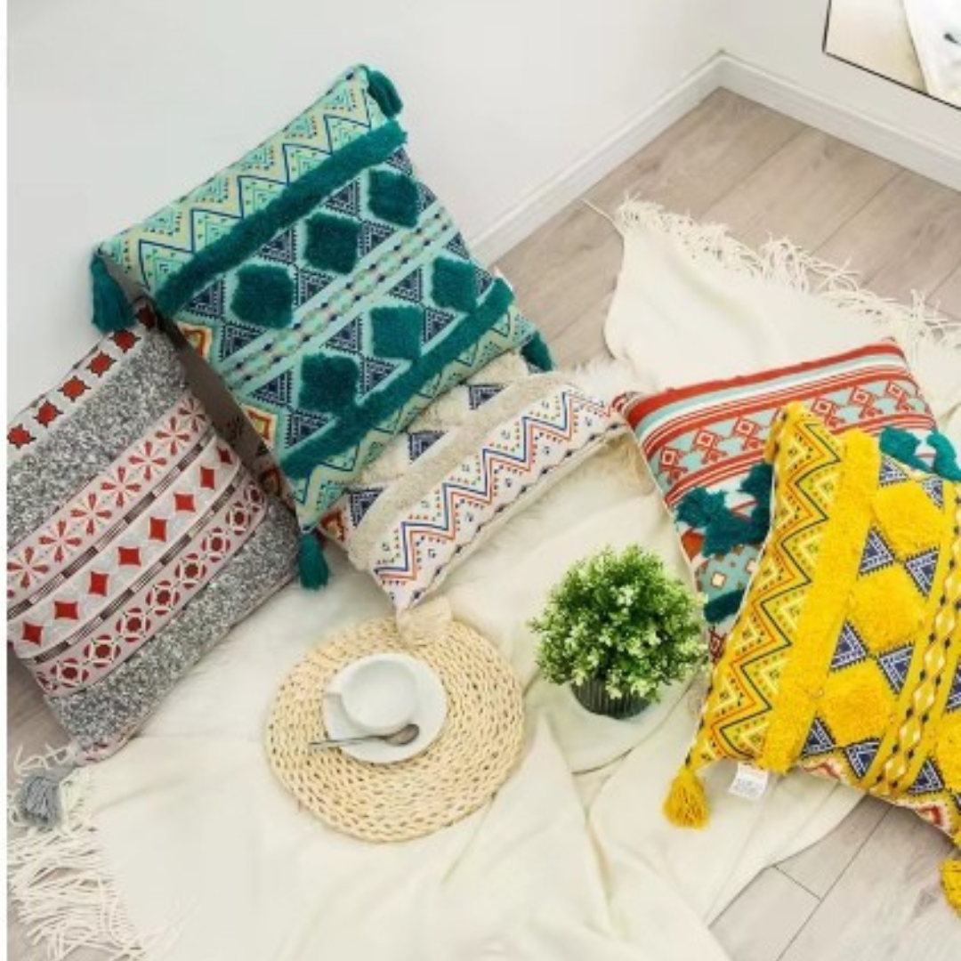 Funda Para Cojín Boho Lino Flecos Bordado Verde 45×45 Cm-3