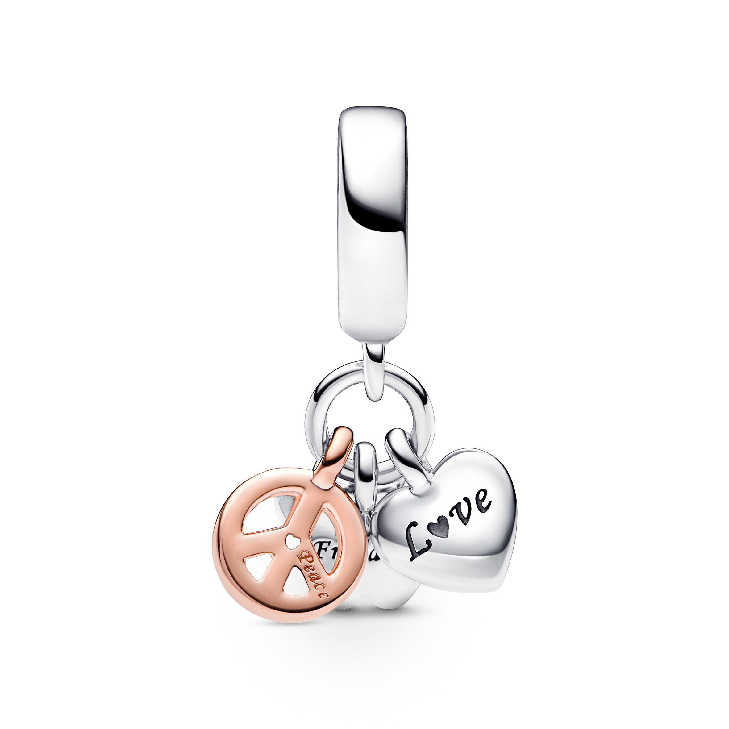 Charm Colgante Triple Corazon Arcoiris, Mariposa y Paz -0