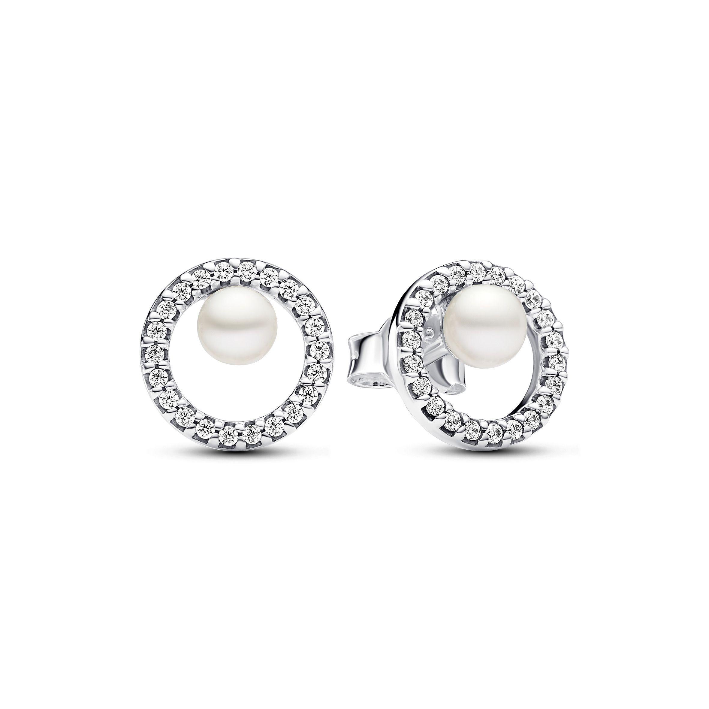 Aretes Botón Perla Cultivada de Agua Dulce y Halo en Pavé-0