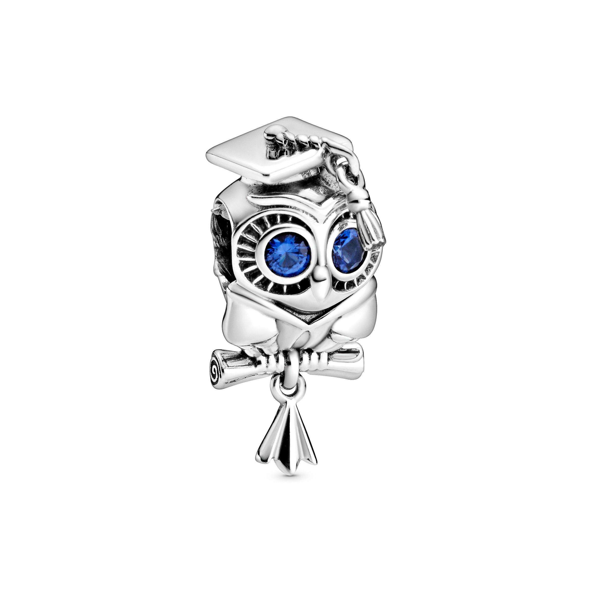 Charm Plata Sabio Búho de Graduación con Cristal Azul Estelar-0