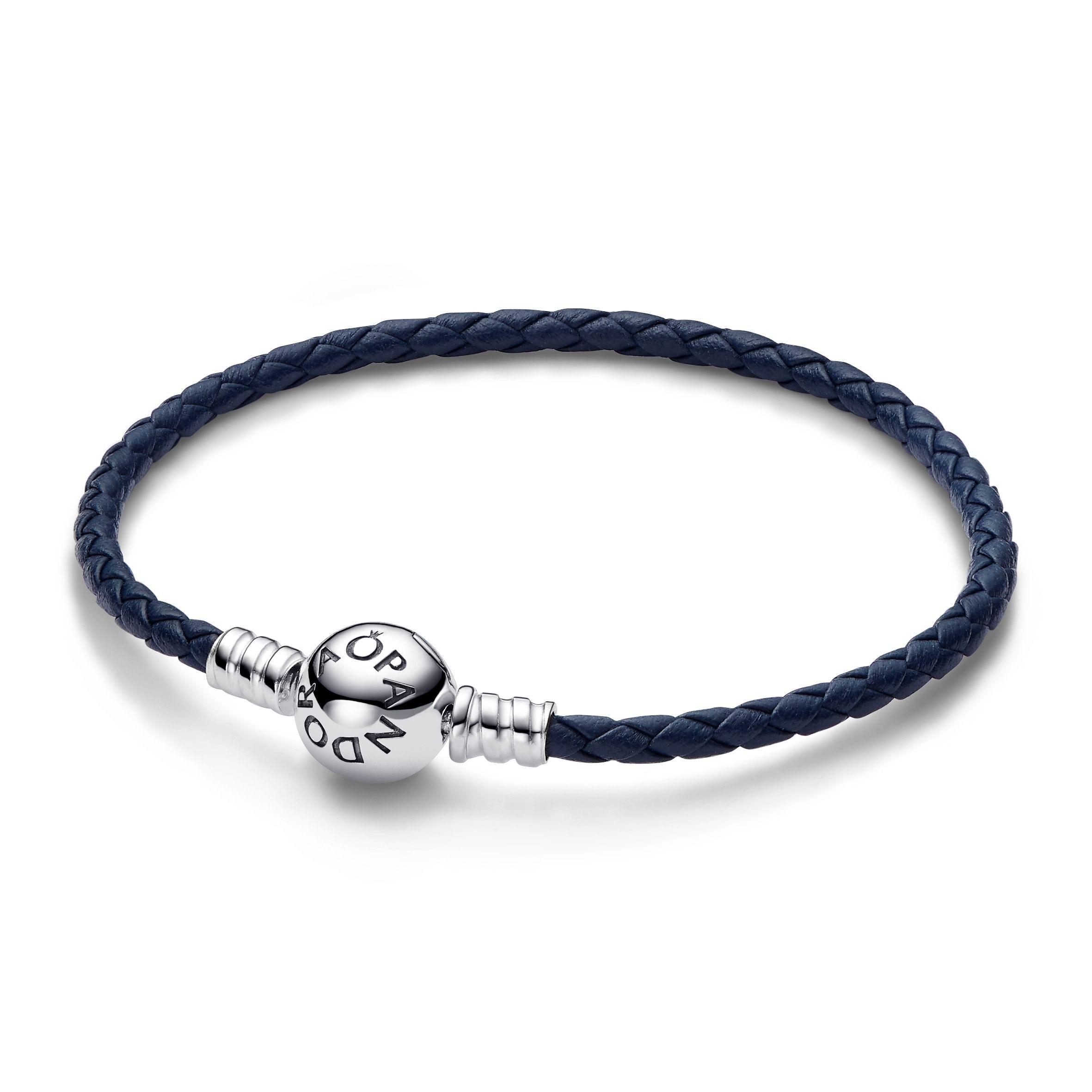 Brazalete de Cuero Trenzado azul con Broche Redondo en Plata-1