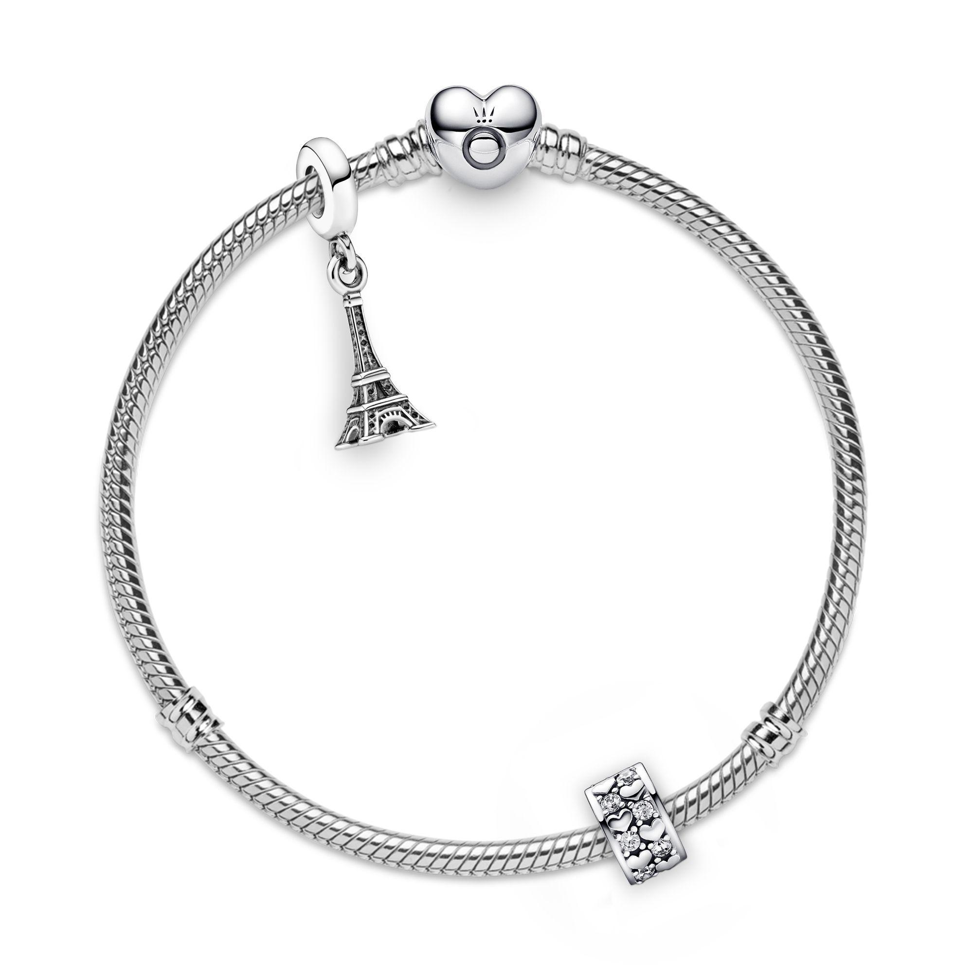 Gift Set Pulsera Plata con Dije Torre Eiffel y Clip de Corazones-0