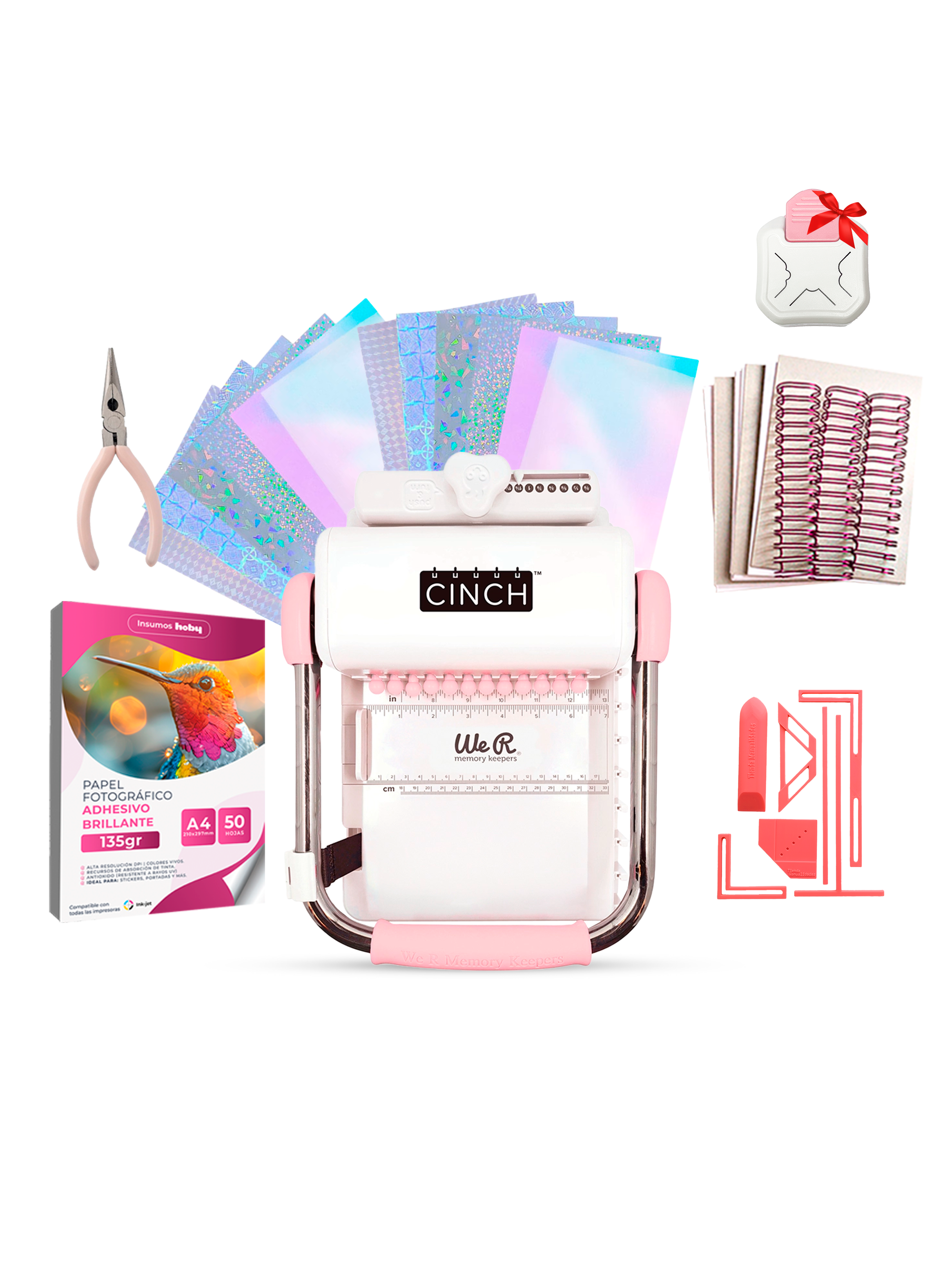 Kit de Encuadernadora Cinch Rosa + Insumos para Emprender-0