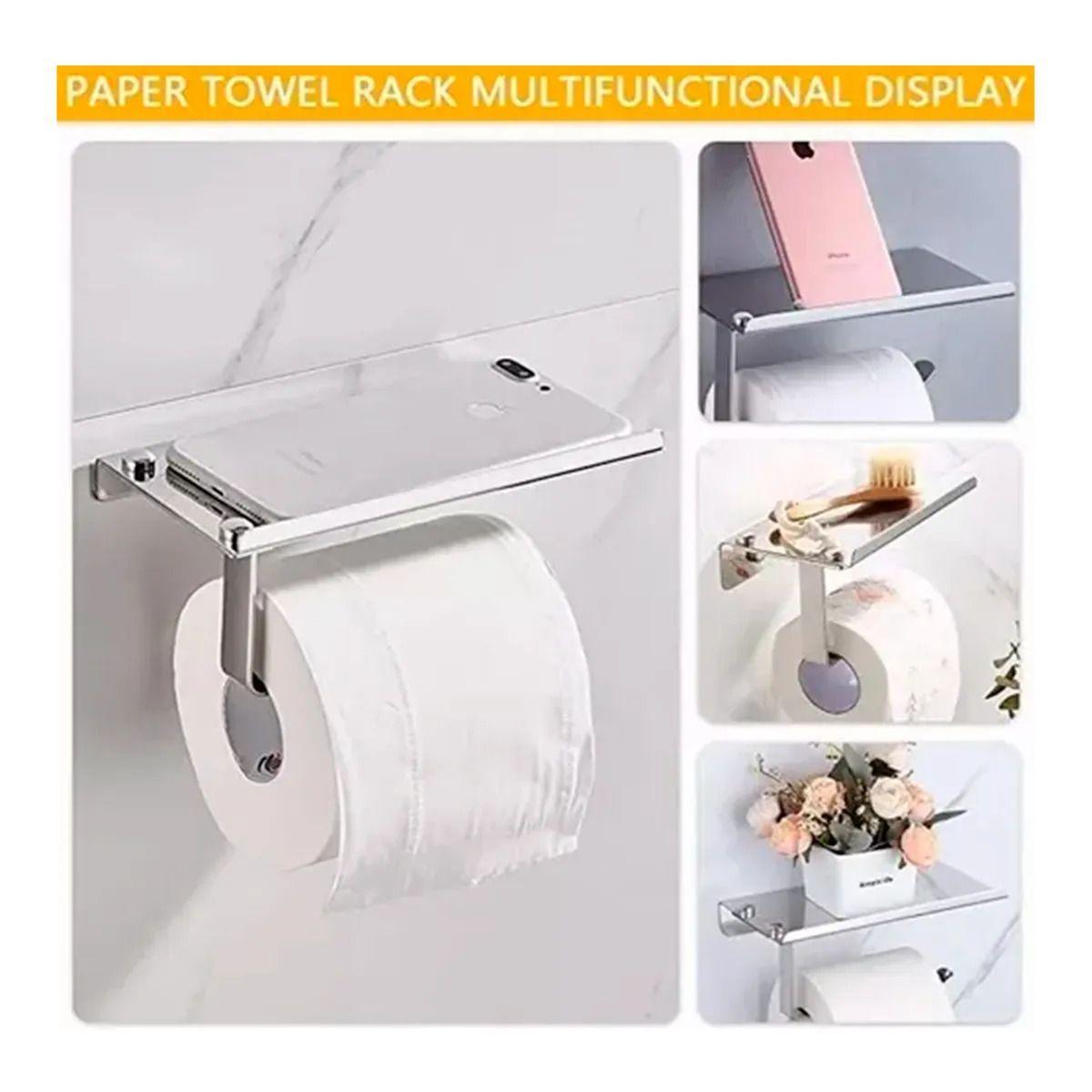 Porta Papel Higi nico Con Estante para Telefono Plata-2