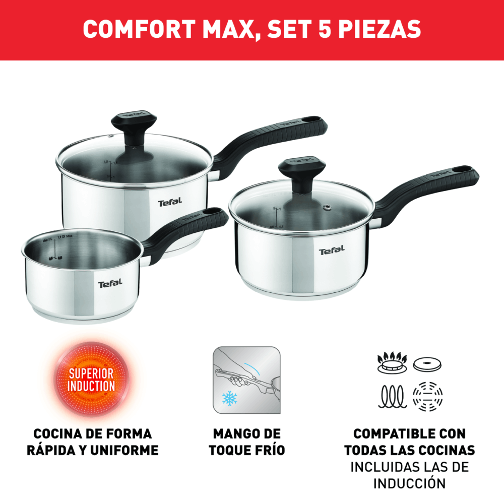 Set de Ollas Acero Inoxidable 5 Piezas Comfort Max Tefal-1