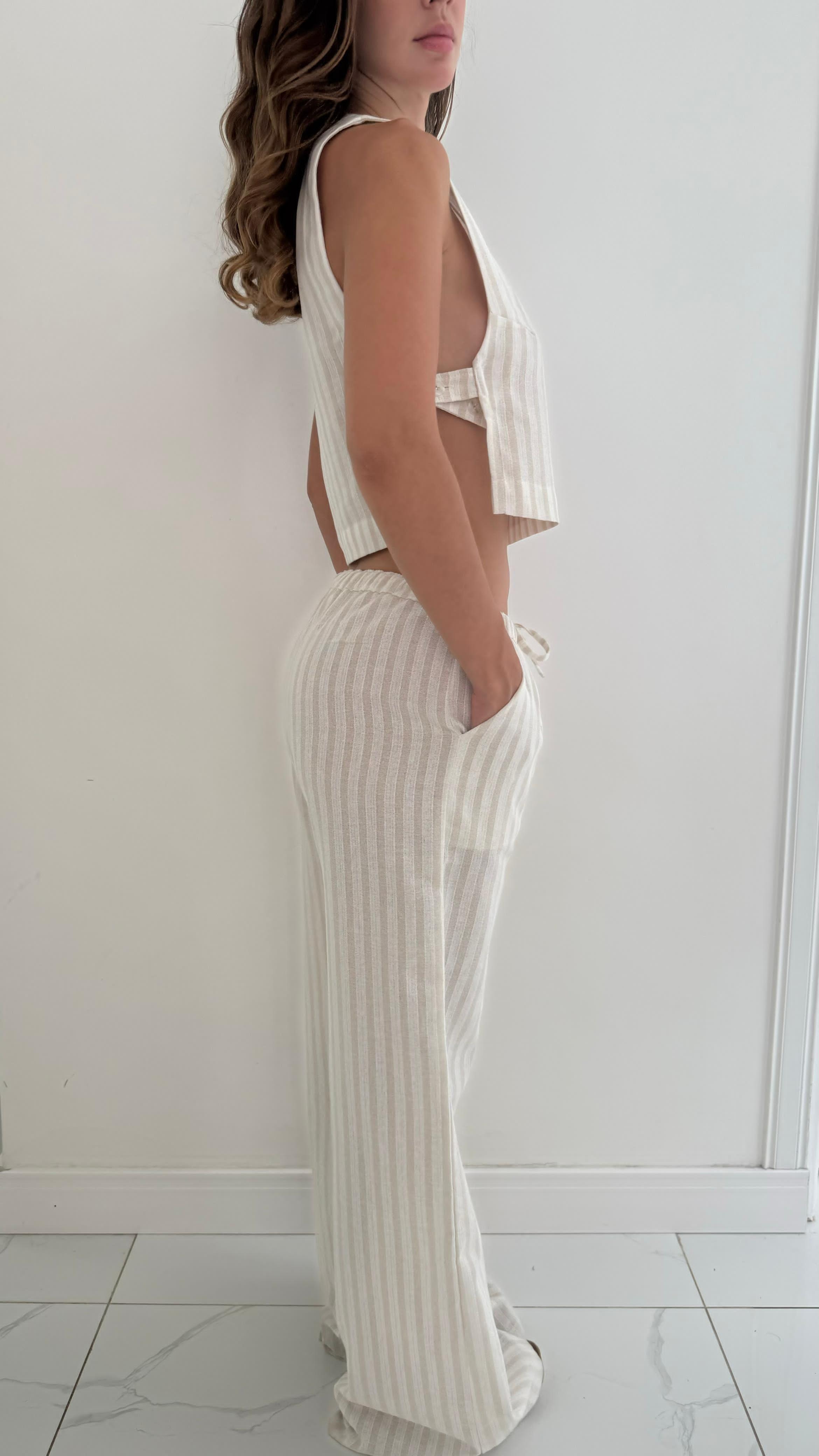 Pantalon con lino beige con brillo -2