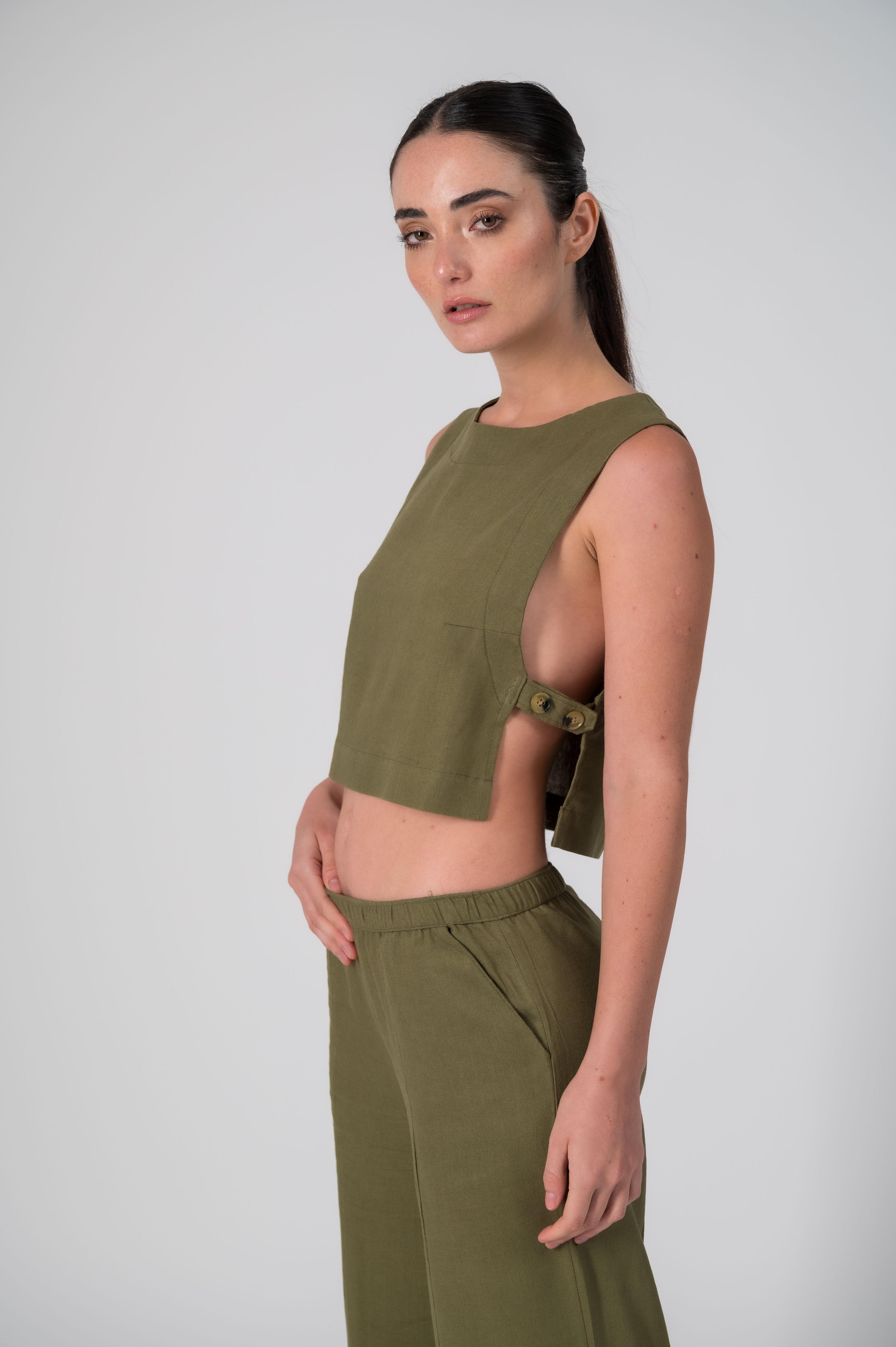 Pantalon con lino verde oliva-2