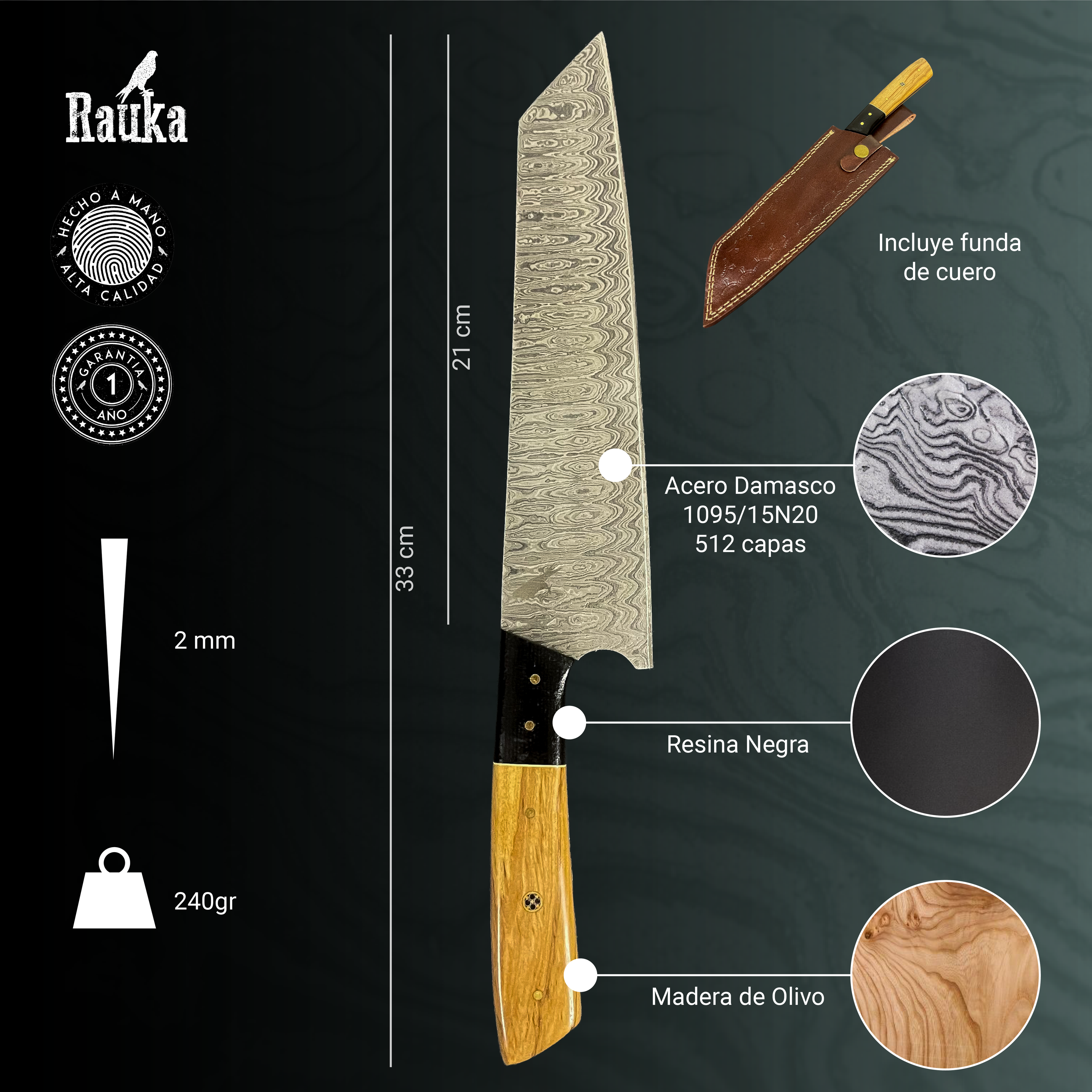 Cuchillo Chef Profesional Artesanal Rauka Acero Damasco 33cm Marrón Claro-2