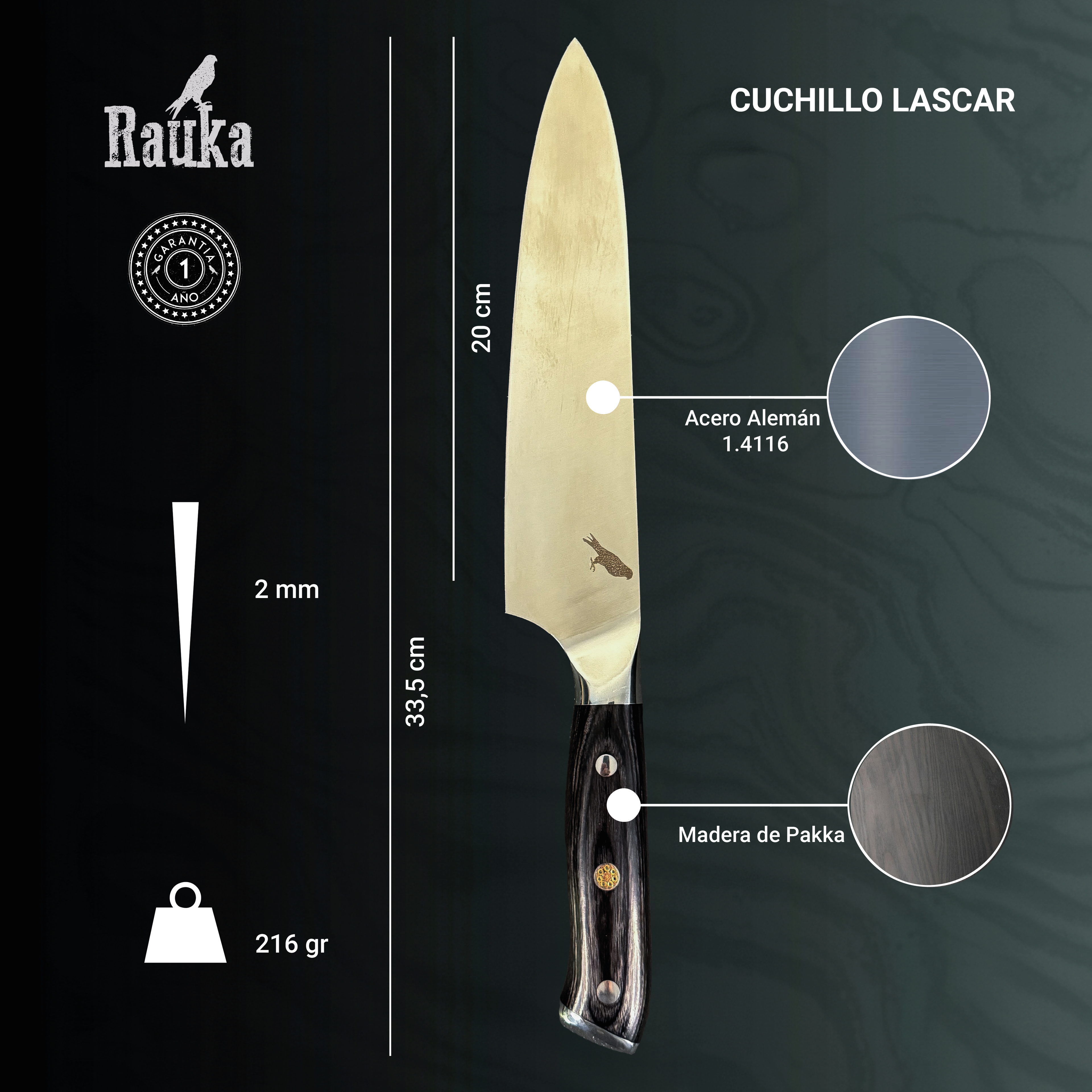 Cuchillo Parrillero de Acero Inoxidable 33,5cm "Lascar"  Rauka-7