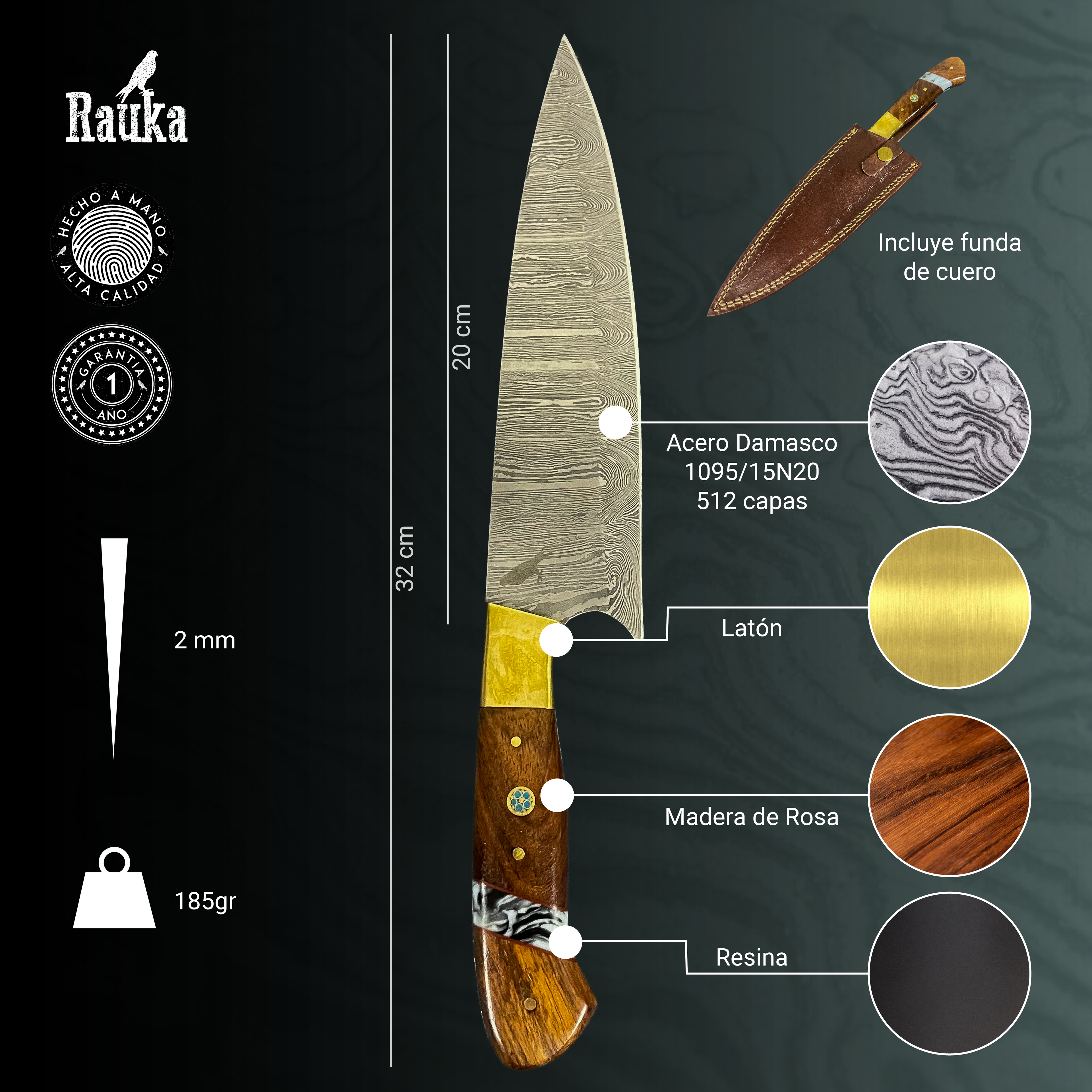Cuchillo Chef Profesional Artesanal Rauka Acero Damasco 32cm Color Marrón Oscuro-2