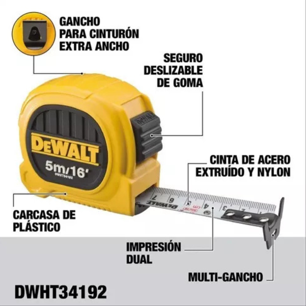 Huincha De Medir 5m/16' Diseño Compacto Dewalt Dwht34192l-2