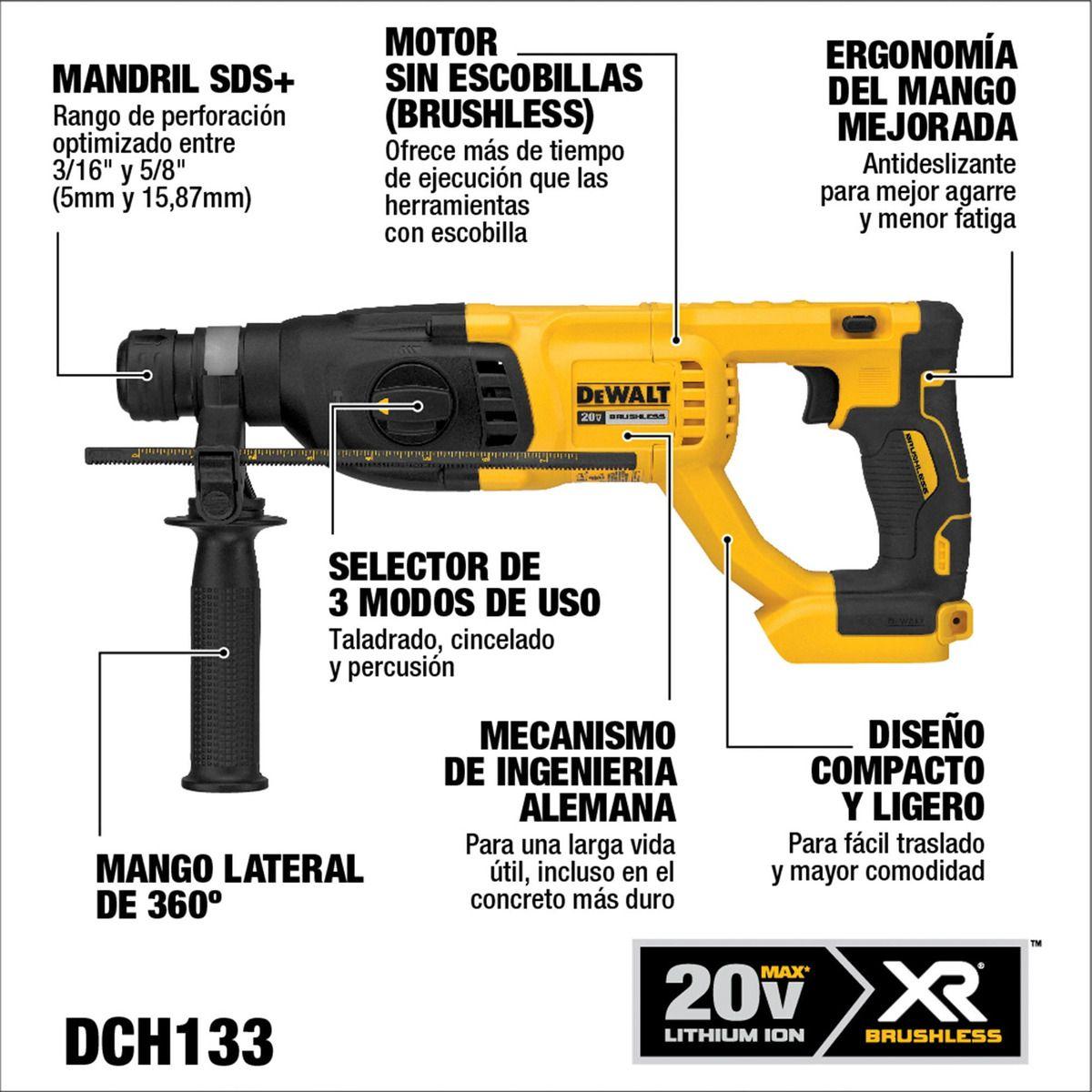 Rotomartillo Sds 20v S/carbones S/batería Dewalt Dch133b-b3-1