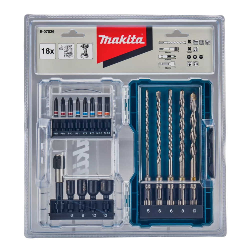 Set Brocas Sds Plus, Puntas Y Dados 18 Pcs Makita E-07026-5