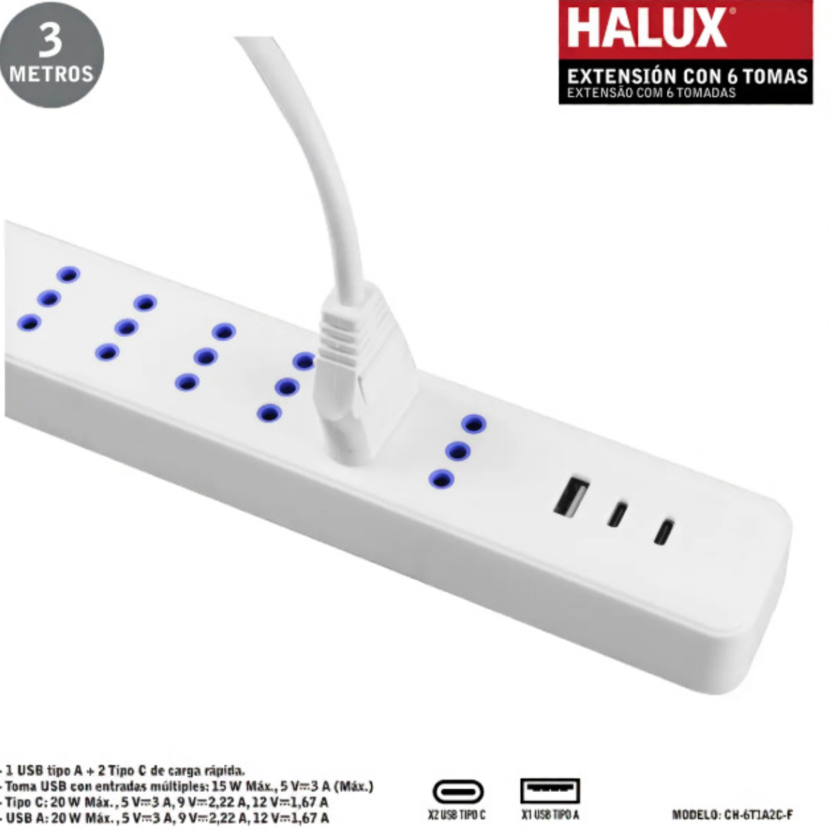 Alargador Eléctrico HALUX 6Tomas 3Metros Zapatilla Eléctrica-2