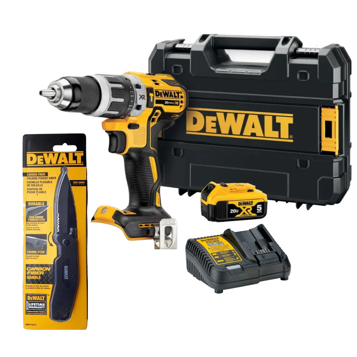 Kit DeWALT 20VTaladroPercutor DCD796P1+Bat5Ah/Car +Cuchillo-0