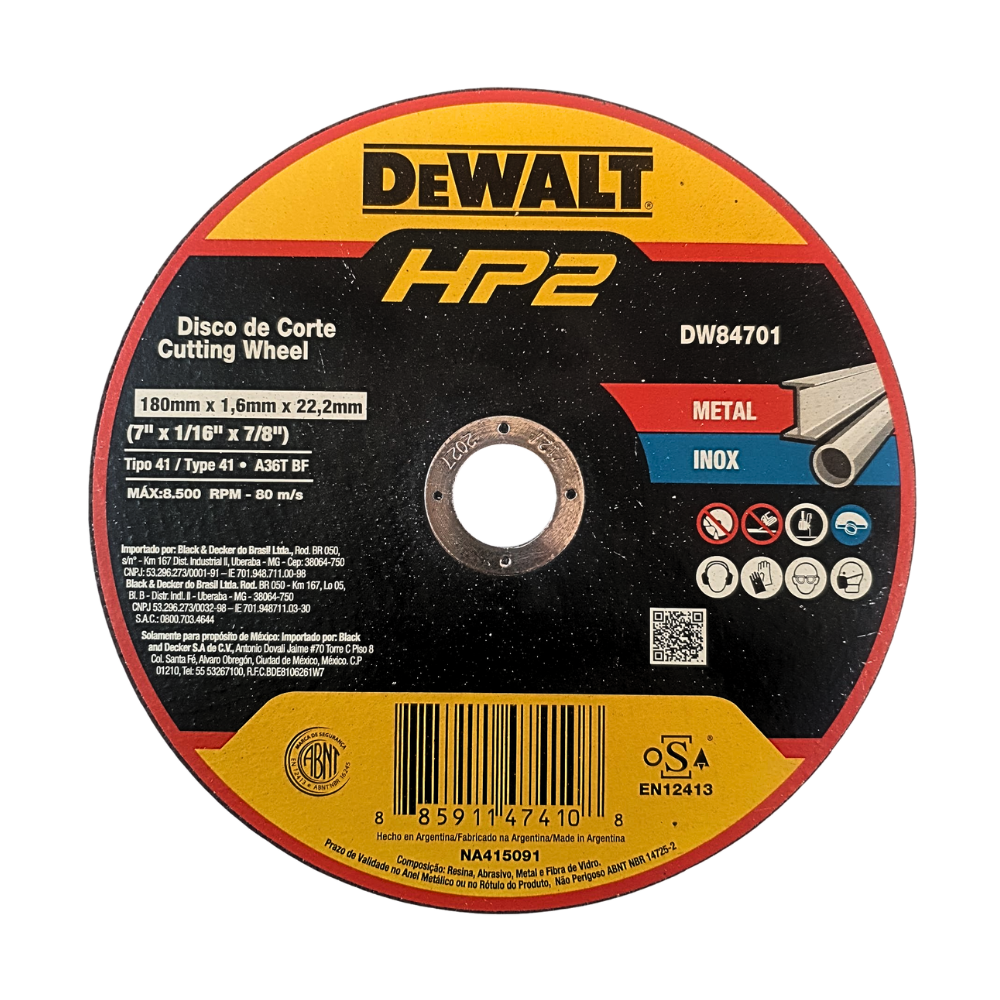 Disco Corte 7'x1/16' Ac. Inox./Metal Plano Dewalt DW84701-0