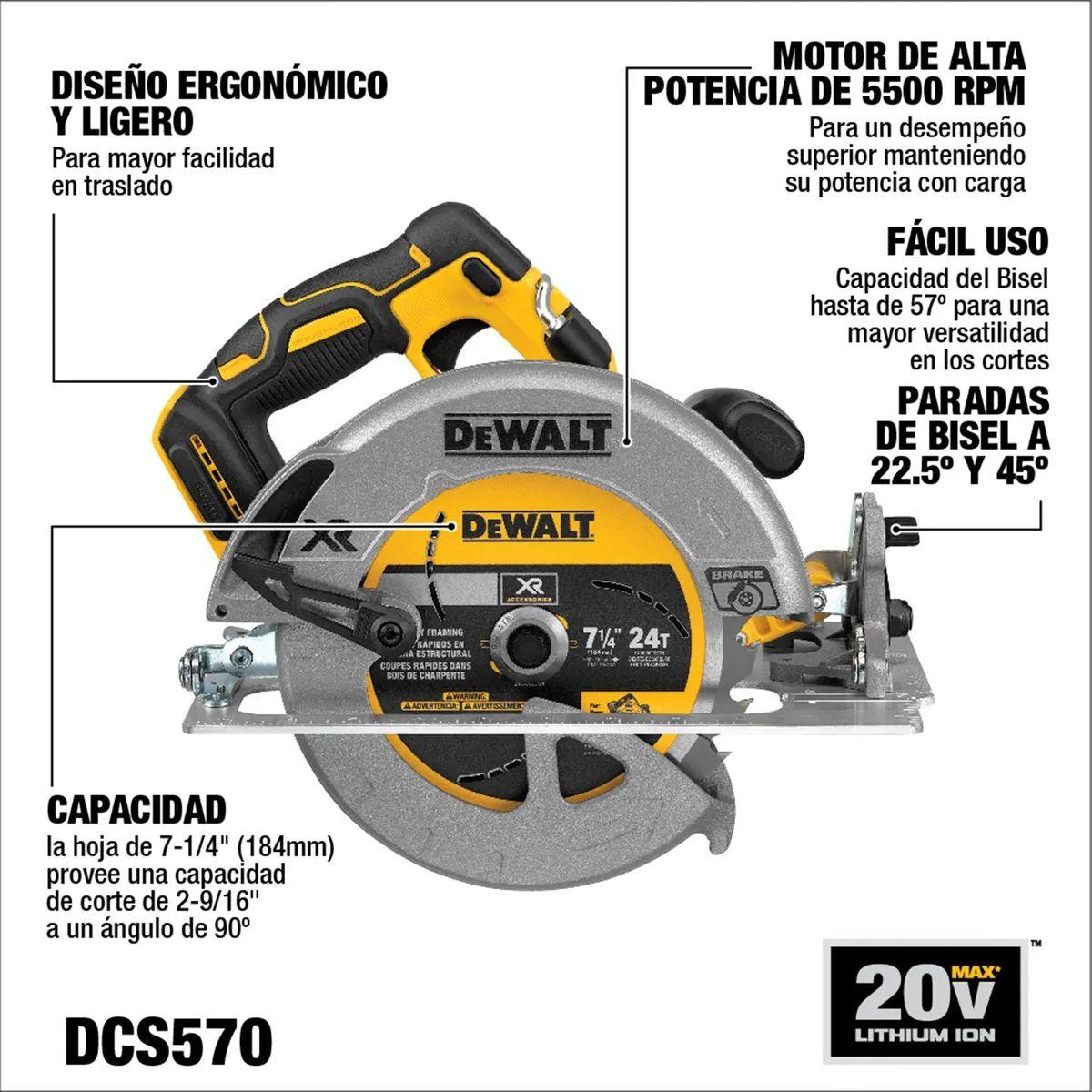 Sierra Circular Inalámbrica 7 1/4 20v Xr Dewalt Dcs570p1-2