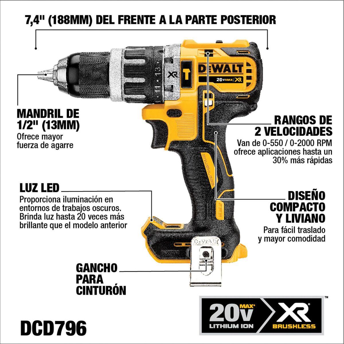 Taladro Percutor Inalámbrico Xr 20v Dewalt Dcd796d2-2