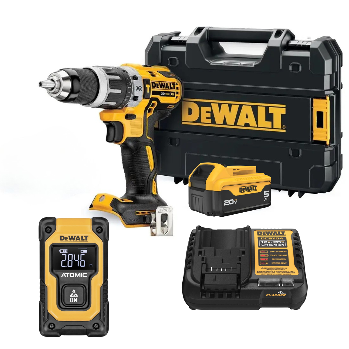 Kit DeWALT Taladro 20VBat.5Ah/Car +MedidorLáser DW055PL 16m-0