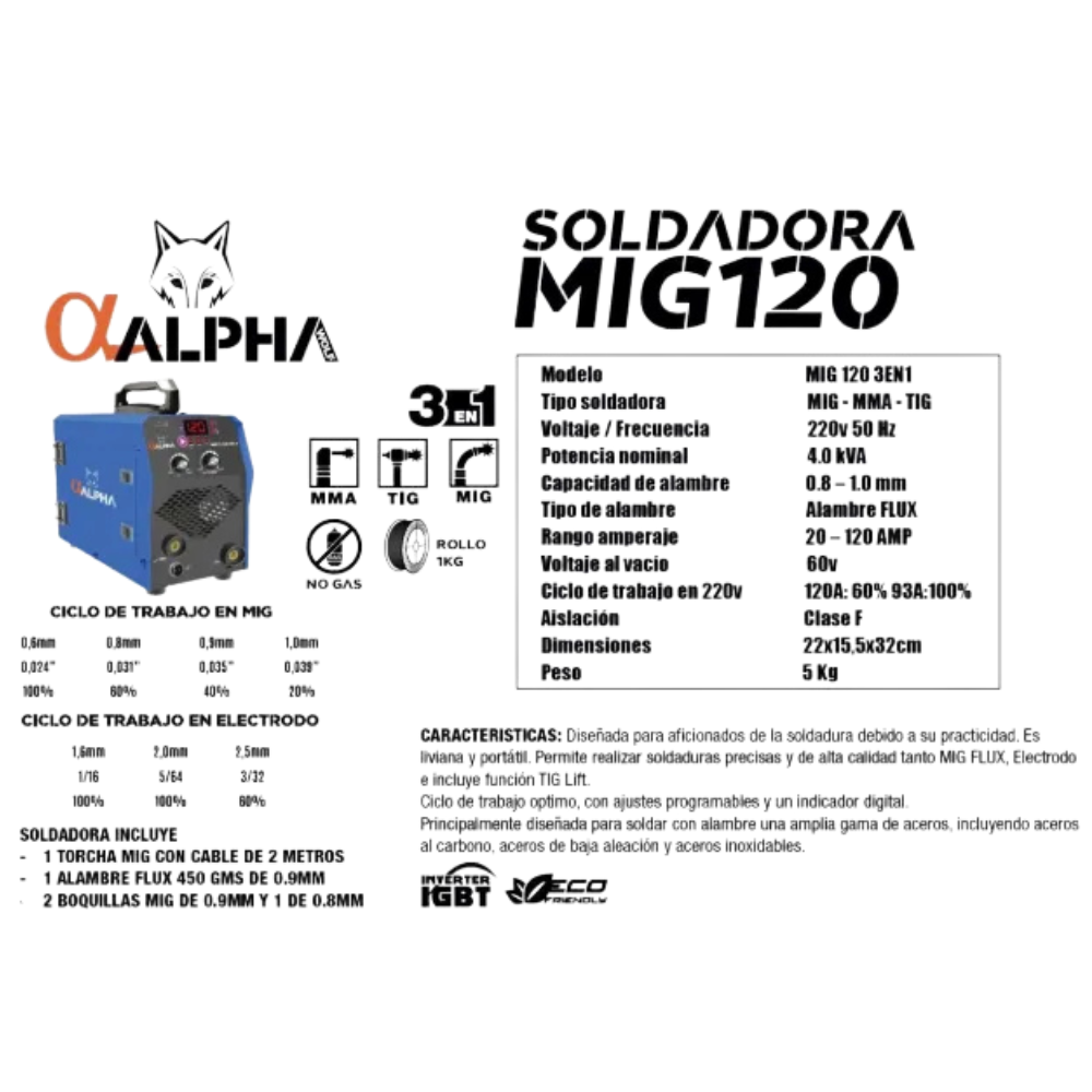 Soldadora Profesional Mig 120 AMP 3en1 Alpha Pro-3