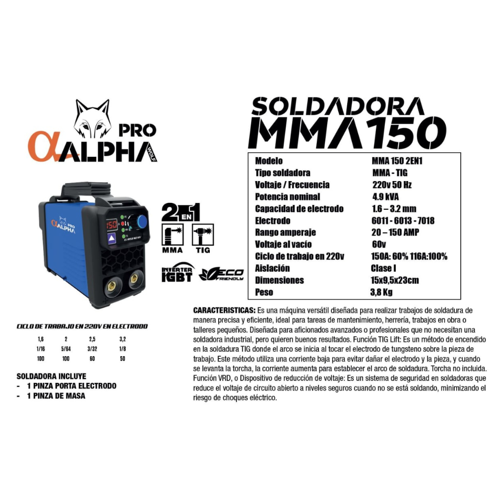 Soldadora Inverter MMA 150Amp 2en1 +TIG LIFT ALPHA Pro-2