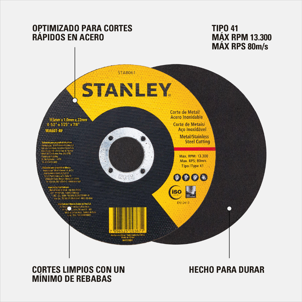 Caja 25und Disco Corte 4 1/2 X 1.0mm Stanley STA8061-3