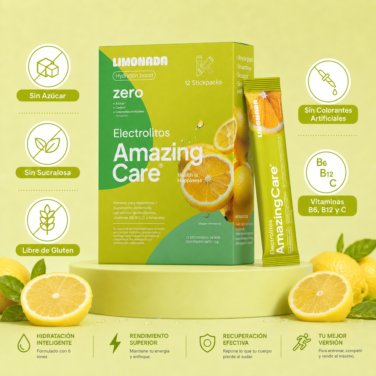 Electrolitos Bebida Hidratante Amazing Care Limon 12 Sticks-2