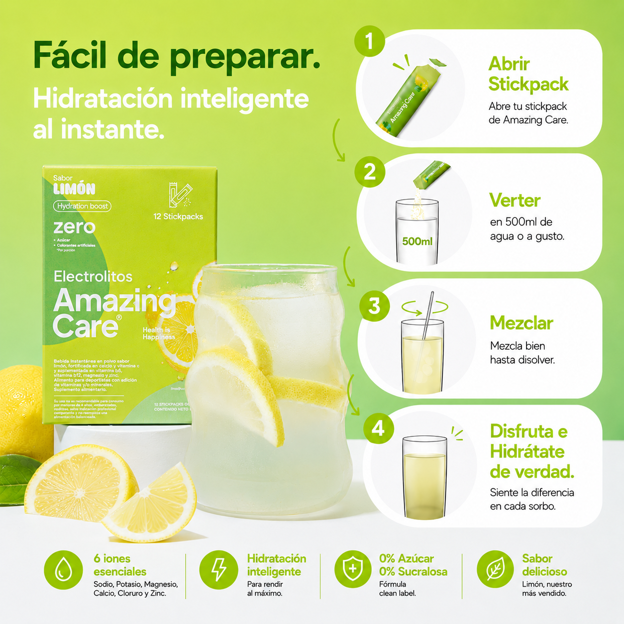 Electrolitos Bebida Hidratante Amazing Care Limon 12 Sticks-5