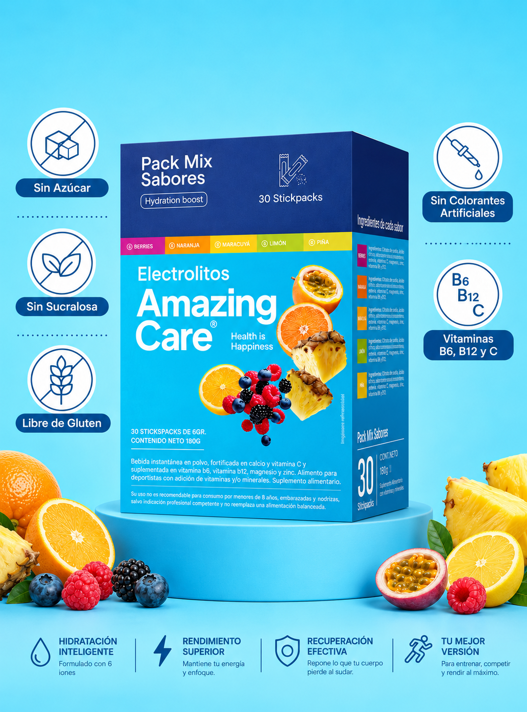Electrolitos Bebida Hidratante Amazing Care Mix Sabores 30 Sticks-1