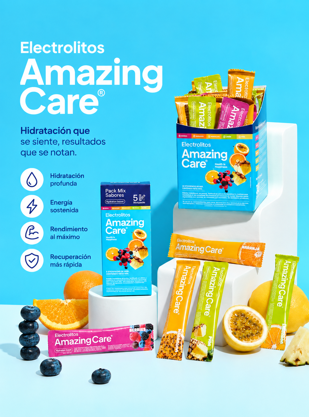 Electrolitos Bebida Hidratante Amazing Care Mix Sabores 30 Sticks-2