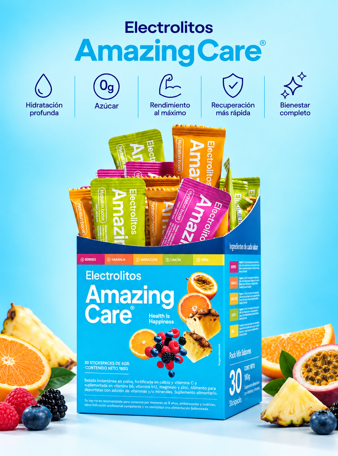 Electrolitos Bebida Hidratante Amazing Care Mix Sabores 30 Sticks-3
