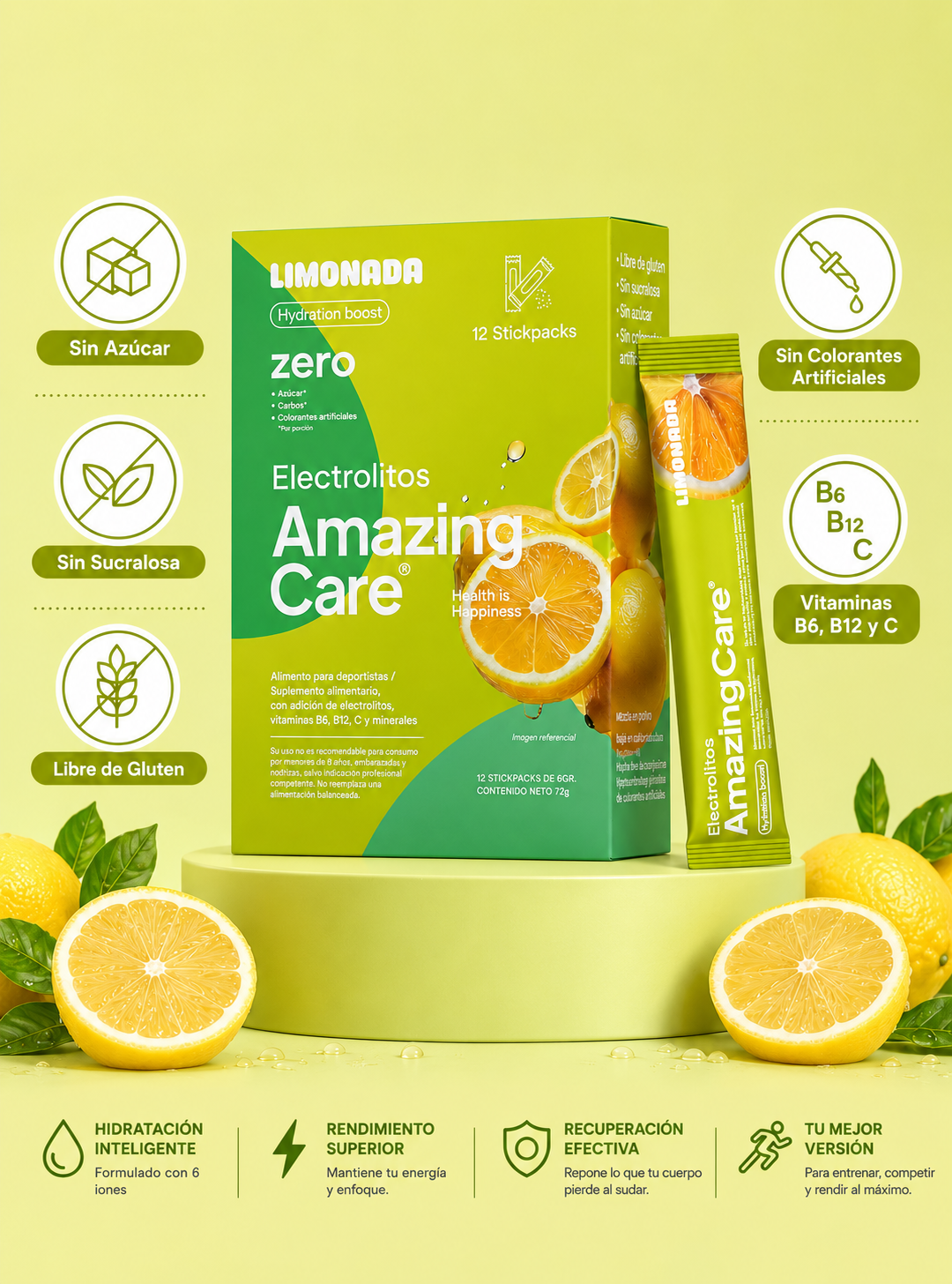 Electrolitos Bebida Hidratante Amazing Care Limon 30 Sticks-2