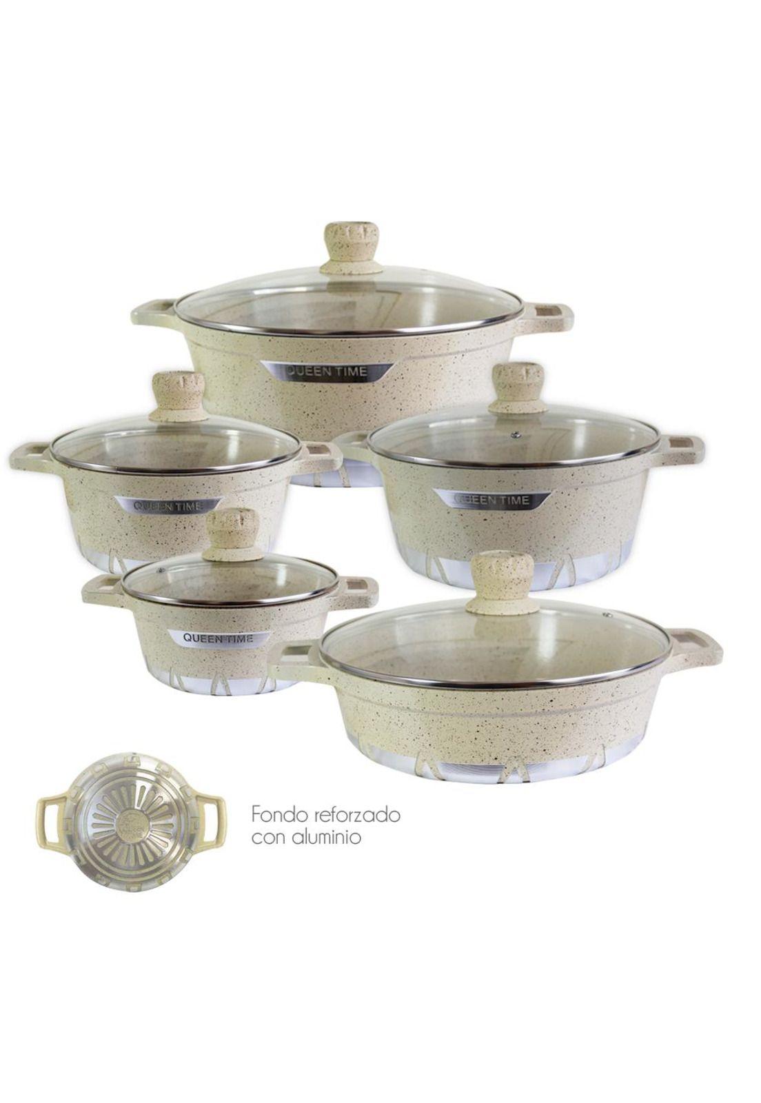 Batería de Cocina 10 Piezas Altas Granito Antiadherente Beige-5