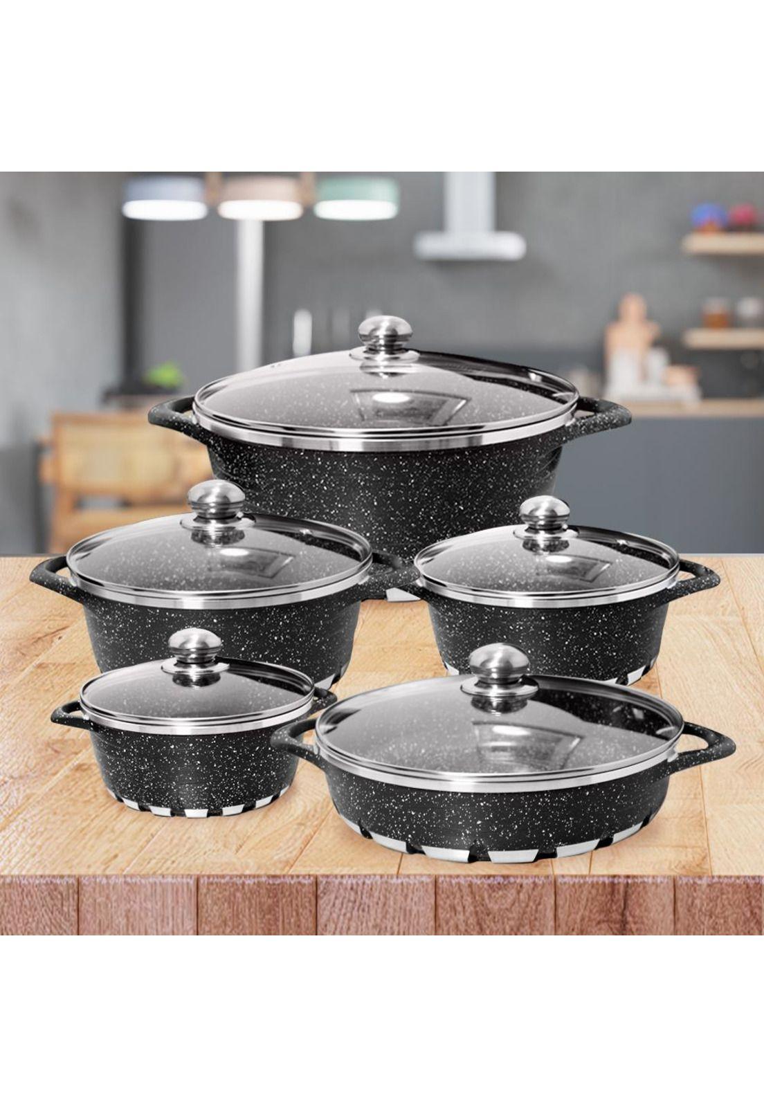 Batería Cocina 10 Piezas Altas Granito Antiadherente Negra-6