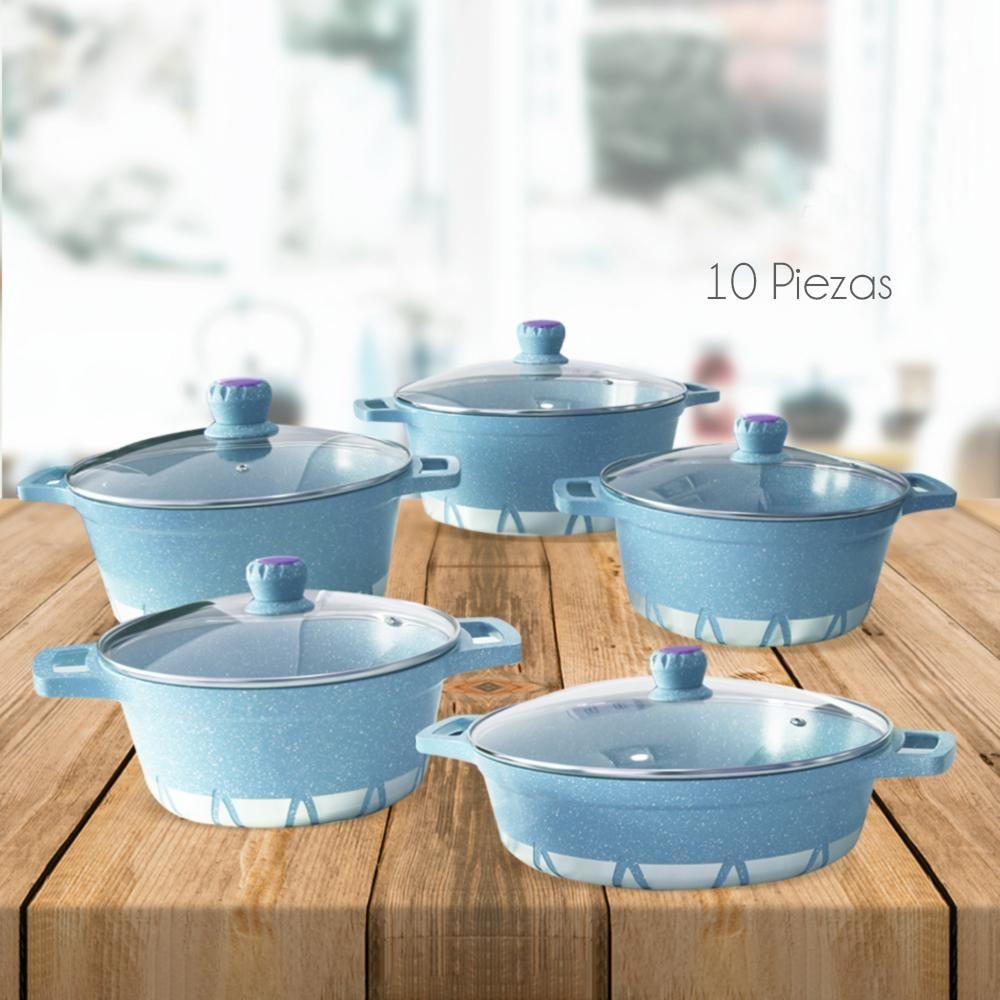 Batería de Cocina 10 Piezas Altas Granito Antiadherente Celeste-1
