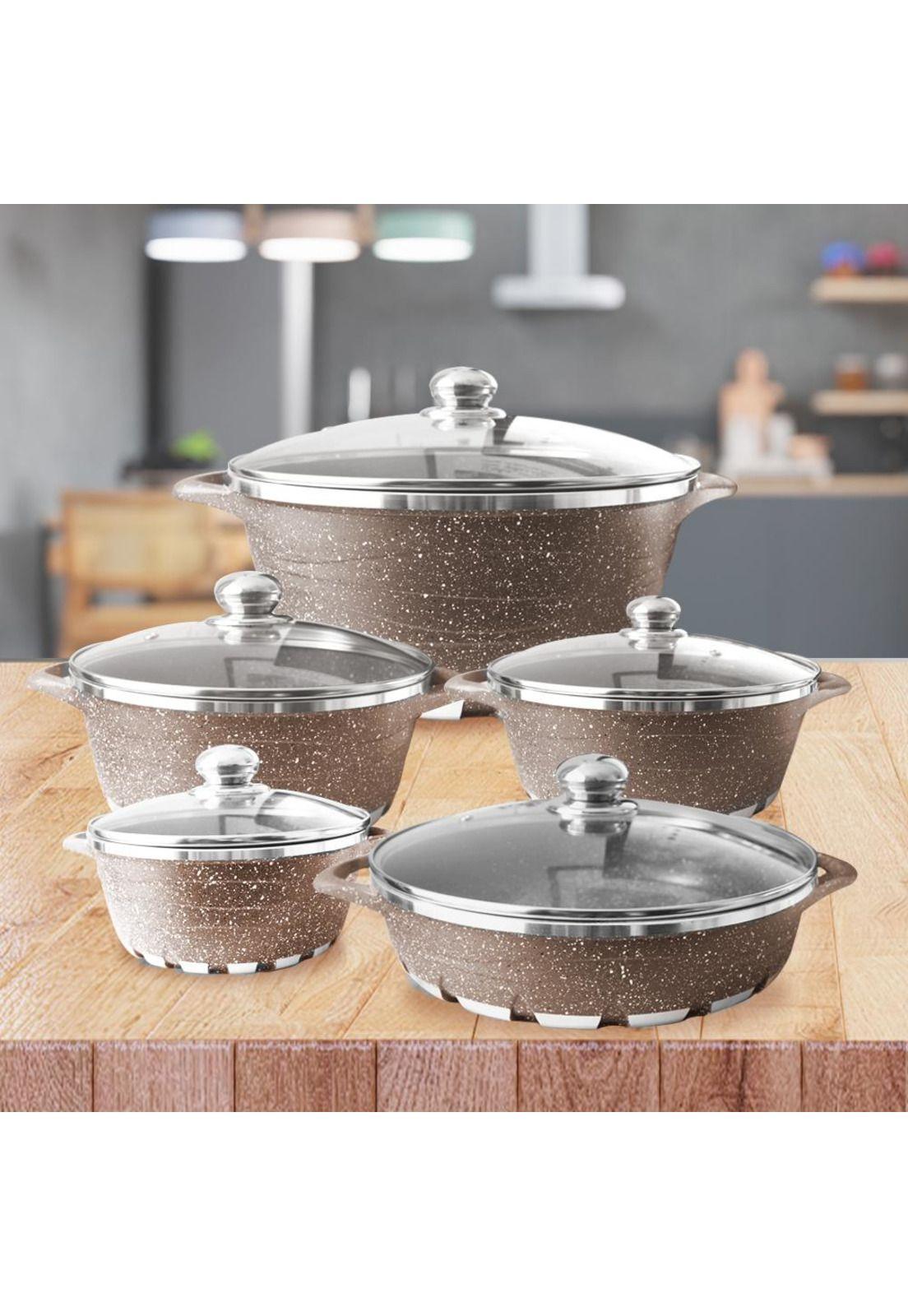 Batería de Cocina 10 Piezas Altas Granito Antiadherente Marron-2