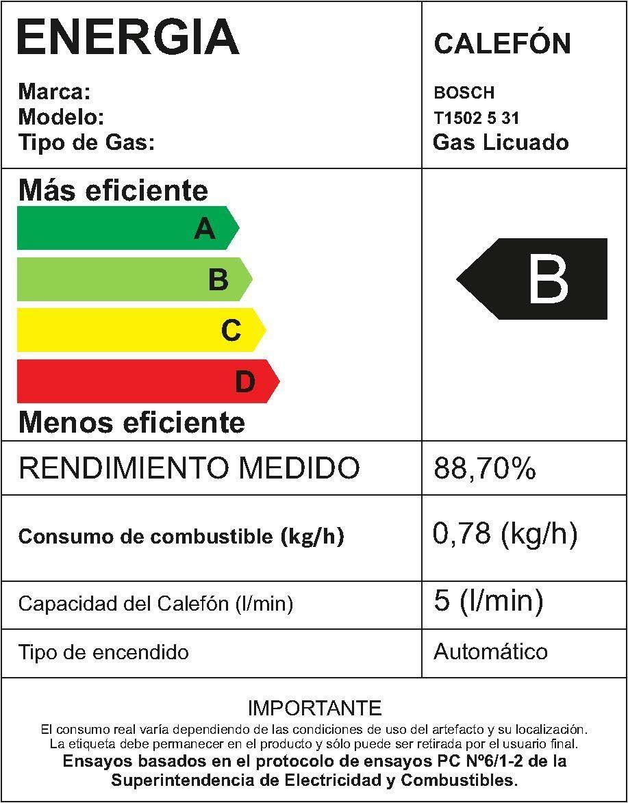 Calefón ionizado 5 litros gas licuado Junkers Bosch Therm 1500-7