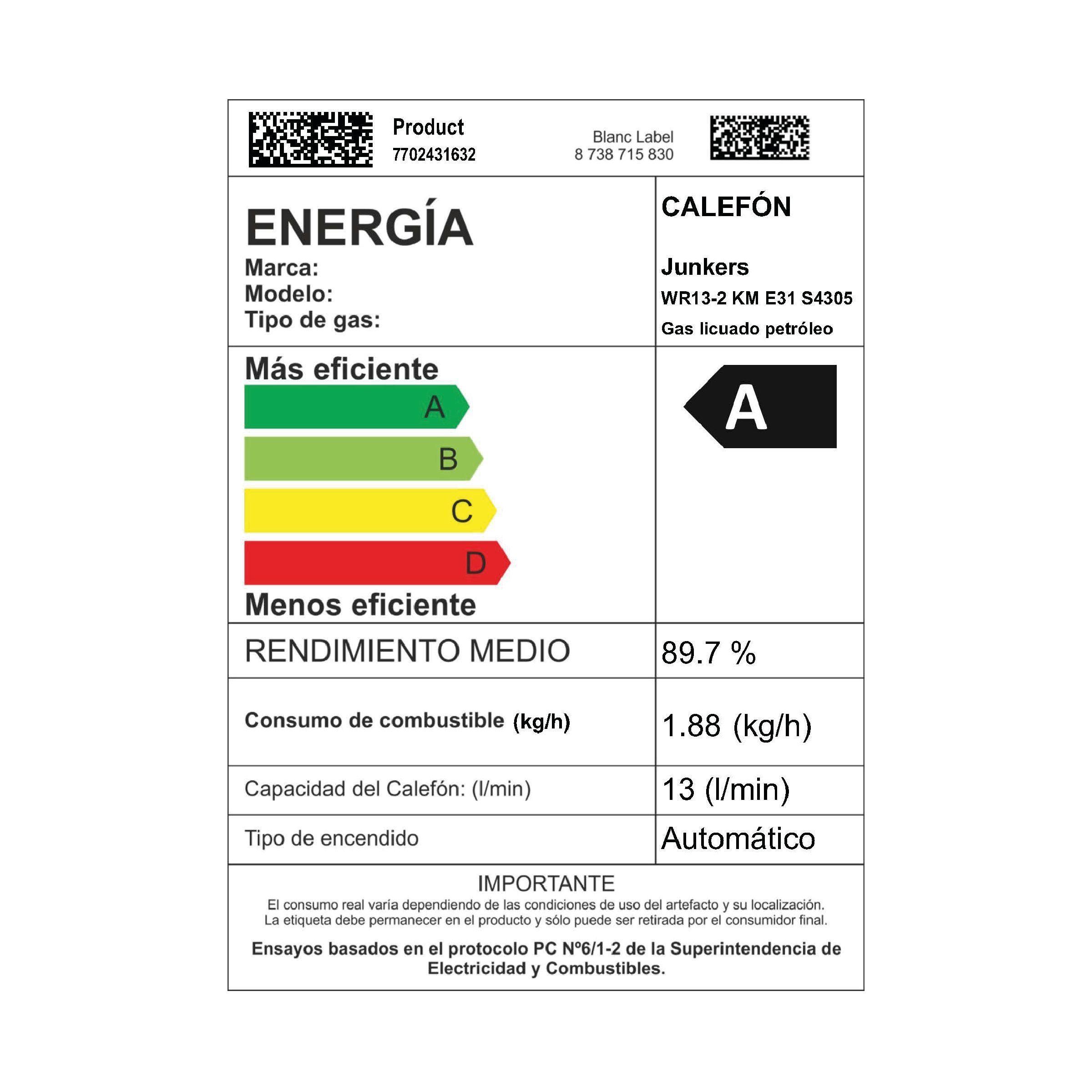 Calefont 13 Litros Gas Licuado Tiro Forzado Junkers Bosch Therm 4400 F-5