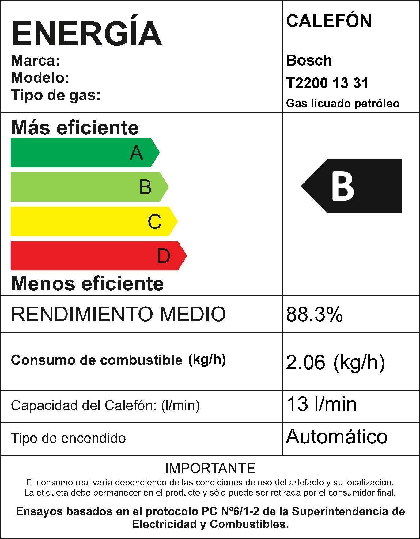 Calefont 13 Litros Gas Licuado Tiro Natural Junkers Bosch Therm 2200-3