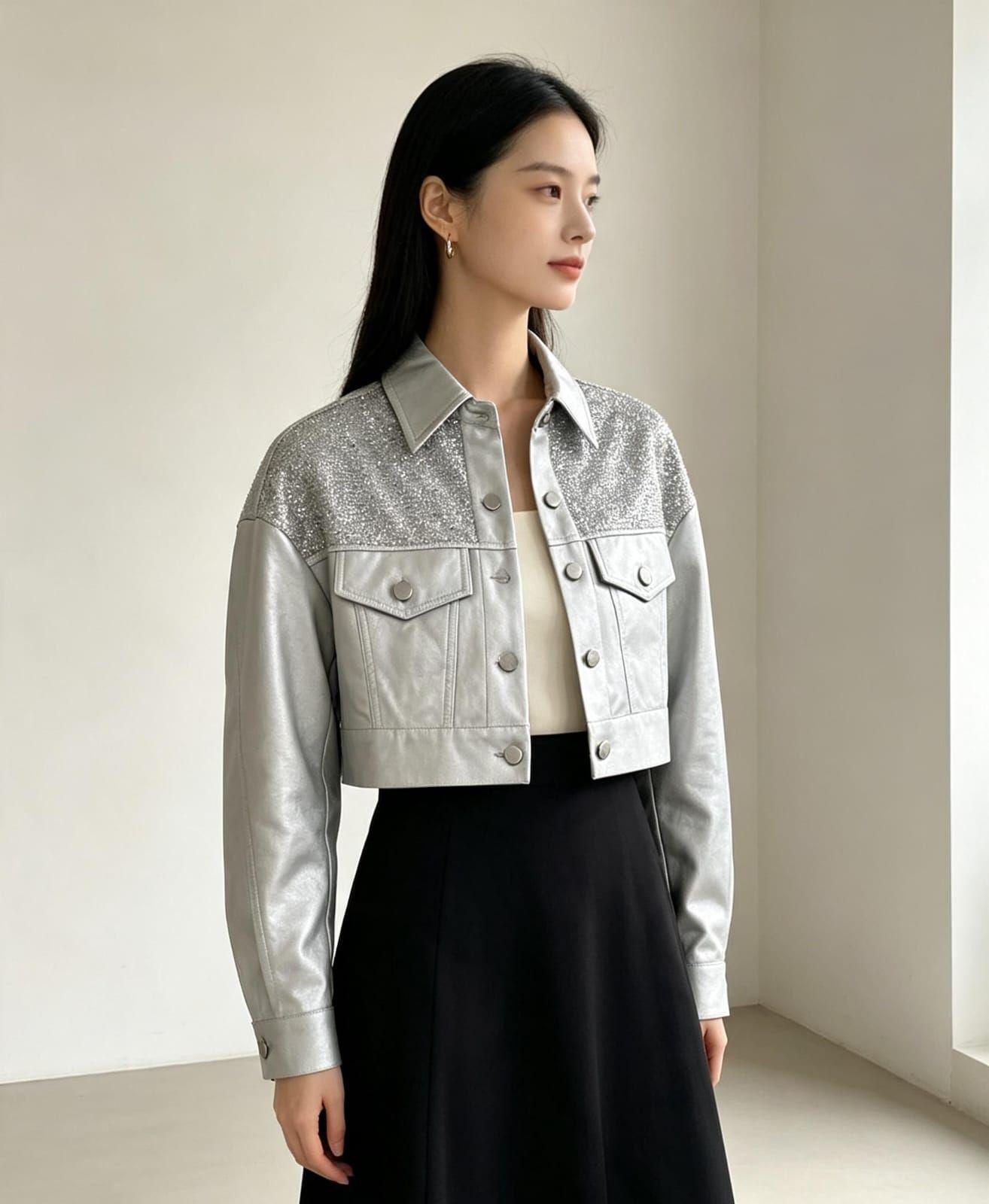 Chaqueta Corta Plateada con Brillo Modelo E1667-3